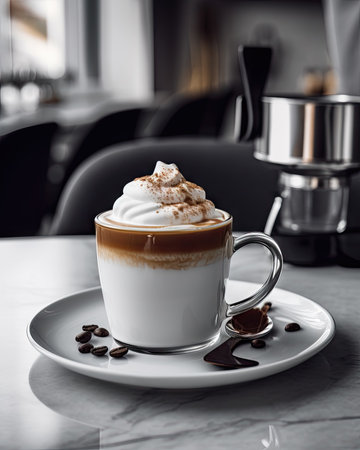 Cappuccino with whipped cream and coffee beans on white tableの素材