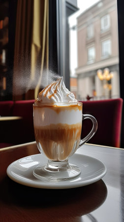 Cappuccino with whipped cream on a table in a cafeの素材