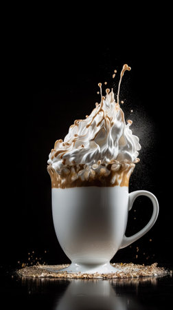 Cup of coffee with splashes of milk on a black backgroundの素材
