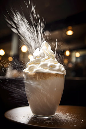 Cappuccino with whipped cream in a glass on the tableの素材