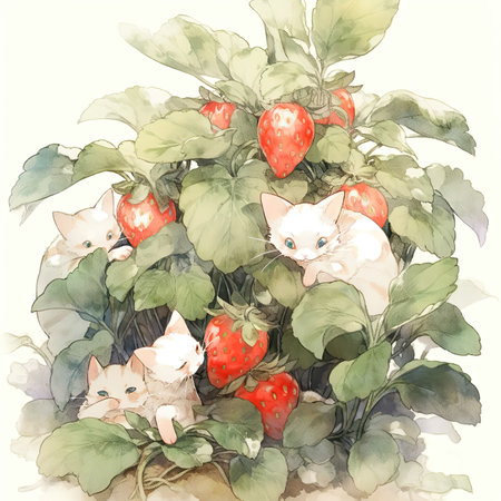 Watercolor painting of a bouquet of strawberries and white cats.の素材
