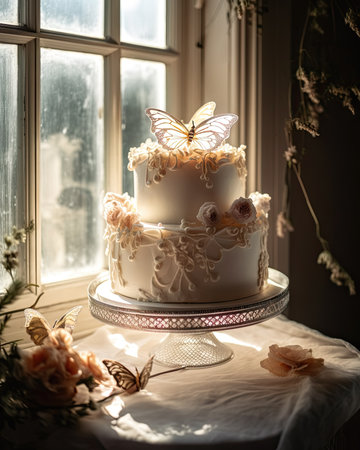 Wedding cake decorated with flowers and butterflies. Toned.の素材