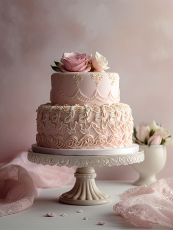 Wedding cake with pink roses on a cake stand on a light backgroundの素材