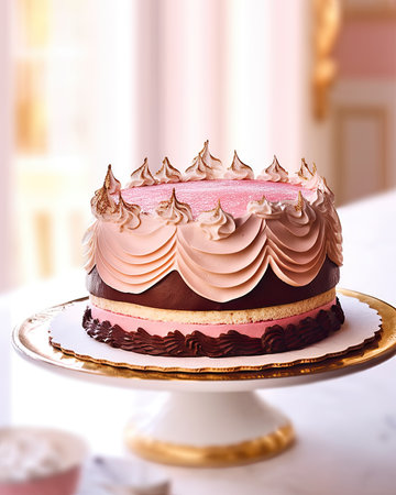 Piece of chocolate cake with cream and pink icing on a standの素材