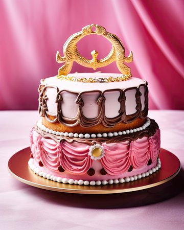 Birthday cake with pink buttercream frosting and golden crown.の素材