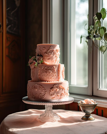 Three-tiered wedding cake with pink frosting on the tableの素材