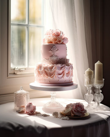 wedding cake with roses and candles on the table at the windowの素材