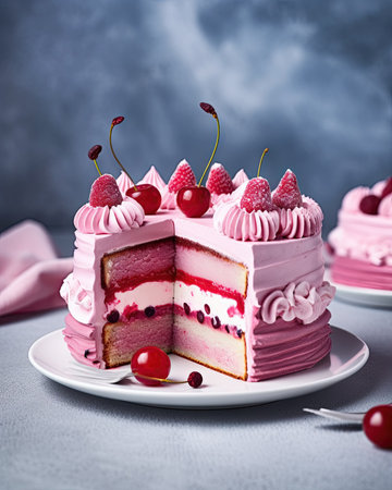 Piece of cake with cherry on a plate on a gray backgroundの素材