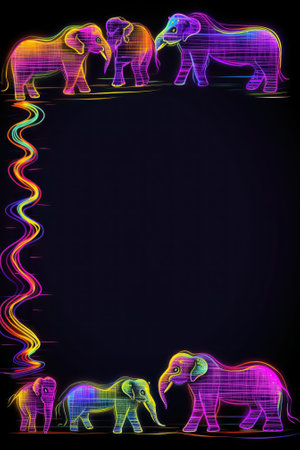 Elephants and rainbow stripes on dark backgroundの素材