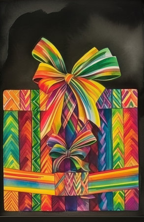 Gift box with colorful ribbons on a black background. Hand-drawn illustration.の素材