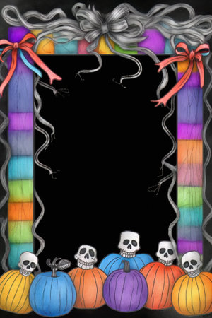 Halloween frame with pumpkins, skull and ribbons on black backgroundの素材