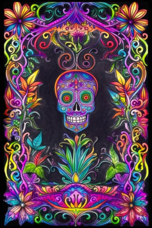 Colorful mexican skull with floral ornament on black background.の素材