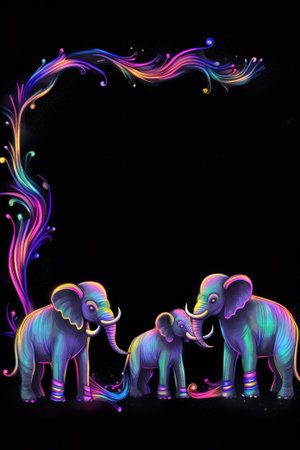 Elephant family in rainbow colors with frame on black background, illustrationの素材