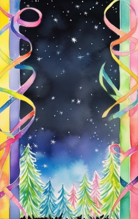 Watercolor illustration of Christmas tree and ribbons in the night skyの素材