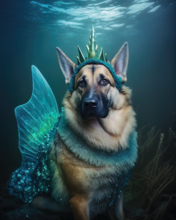 AI generated German shepherd in a mermaid costume for Halloween partyの素材