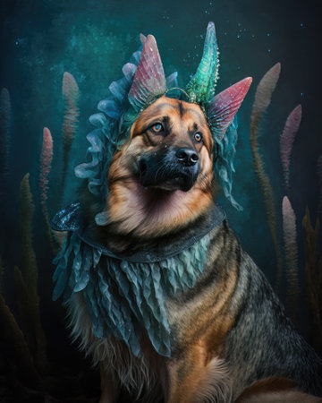 AI generated German shepherd in a mermaid costume for Halloween partyの素材