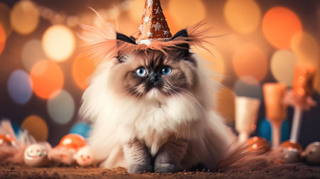 AI generated cute cat wearing a carnival costume on a black backgroundの素材