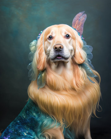 AI generated retriever in a mermaid costume for Halloween partyの素材
