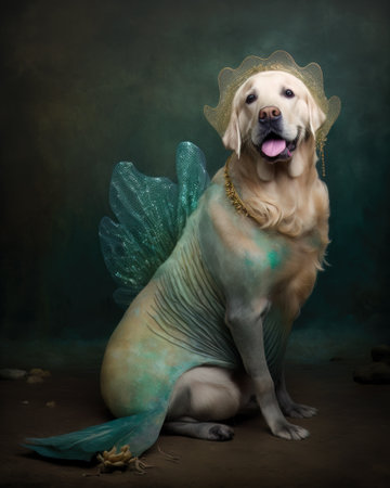 AI generated Labrador Retriever in a mermaid costume for Halloween partyの素材