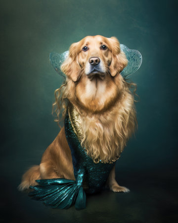 AI generated retriever in a mermaid costume for Halloween partyの素材