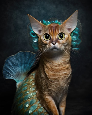 AI generated Abyssinian cat in a mermaid costume for Halloween partyの素材