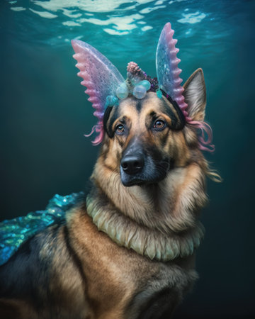 AI generated German shepherd in a mermaid costume for Halloween partyの素材