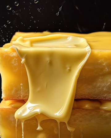 Pouring melted butter on a piece of cheese, close-upの素材