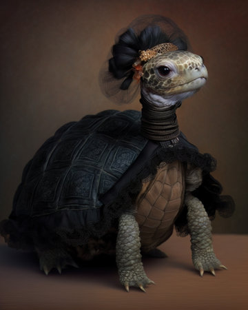 AI generated cute tortoise wearing a carnival costume on a black backgroundの素材