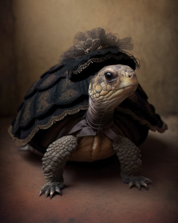 AI generated cute tortoise wearing a carnival costume on a black backgroundの素材