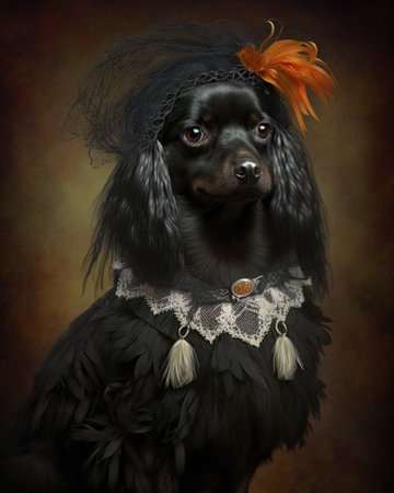AI generated cute dog wearing a carnival costume on a black backgroundの素材