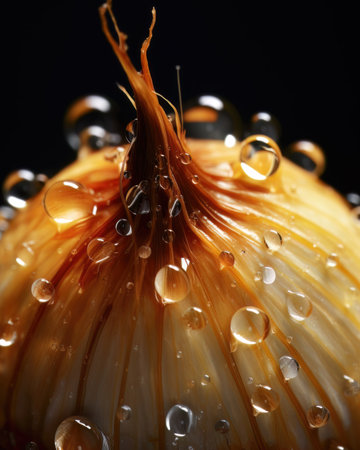 AI generated onion with drops of water on a dark background close-upの素材