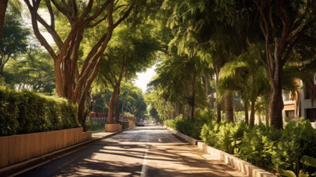 AI generated view of a modern city street with lots of trees and greeneryの素材