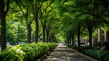 AI generated view of a modern city street with lots of trees and greeneryの素材
