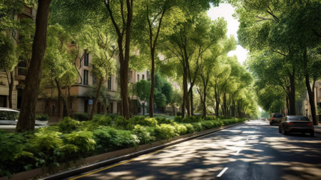 AI generated view of a modern city street with lots of trees and greeneryの素材