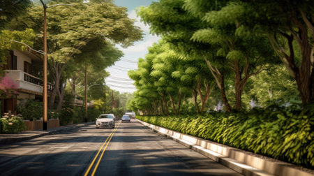 AI generated view of a modern city street with lots of trees and greeneryの素材