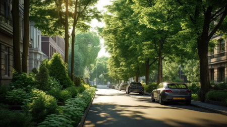 AI generated view of a modern city street with lots of trees and greeneryの素材