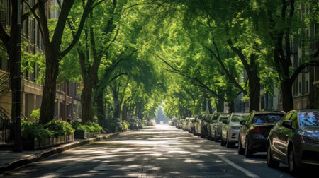 AI generated view of a modern city street with lots of trees and greeneryの素材