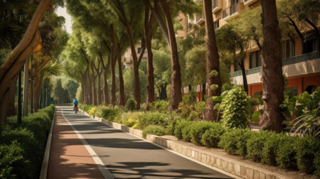 AI generated view of a modern city street with lots of trees and greeneryの素材