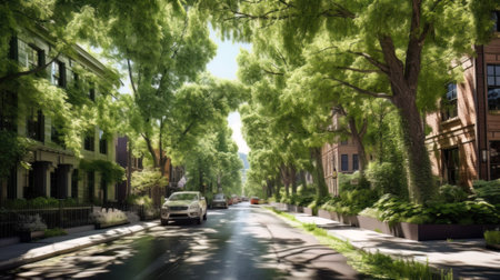 AI generated view of a modern city street with lots of trees and greeneryの素材