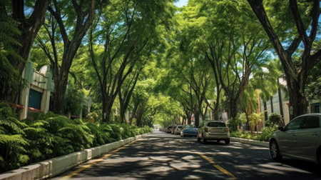 AI generated view of a modern city street with lots of trees and greeneryの素材