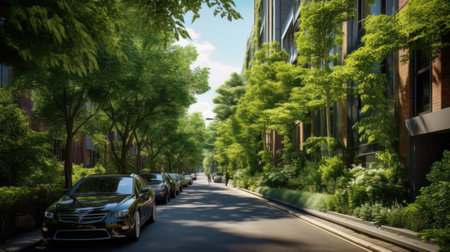 AI generated view of a modern city street with lots of trees and greeneryの素材