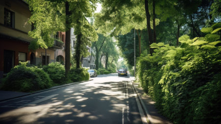 AI generated view of a modern city street with lots of trees and greeneryの素材