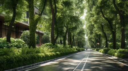 AI generated view of a modern city street with lots of trees and greeneryの素材