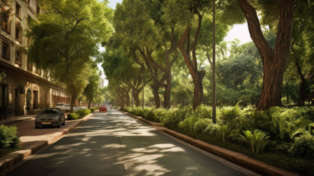 AI generated view of a modern city street with lots of trees and greeneryの素材