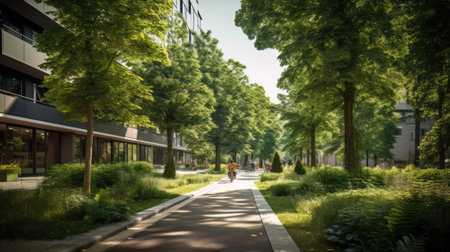 AI generated view of a modern city street with lots of trees and greeneryの素材