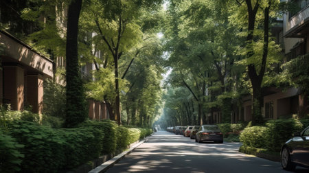 AI generated view of a modern city street with lots of trees and greeneryの素材