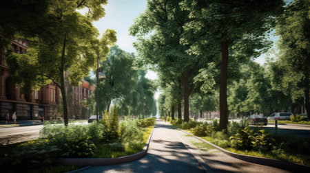 AI generated view of a modern city street with lots of trees and greeneryの素材