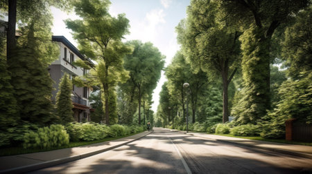 AI generated view of a modern city street with lots of trees and greeneryの素材