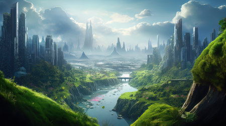 AI generated futuristic city with lots of trees and greeneryの素材