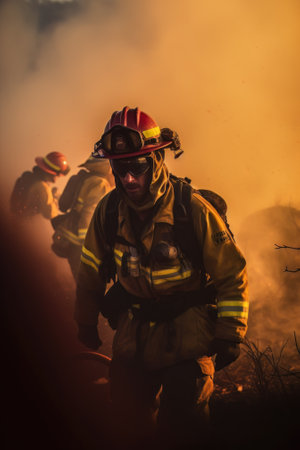 AI generated Firefighters fighting a fire in a forestの素材